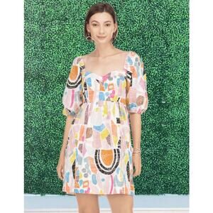Joy Joy Embrodiered Geo Print Colorful‎ Babydoll Mini Puff Sleeve Dress Sz XS